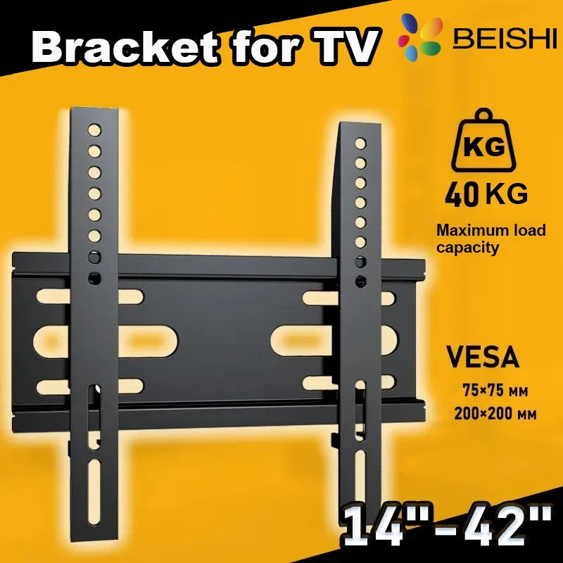 Black metal TV wall bracket shown on a yellow promotional background with text reading 'Bracket for TV,' 'BEISHI,' '40 KG maximum load capacity,' 'VESA 75x75 mm and 200x200 mm,' and '14"-42".'.