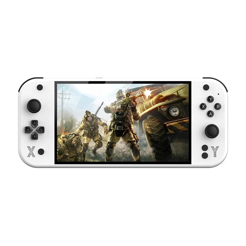 Handheld gaming console with a military-themed game displayed on the screen