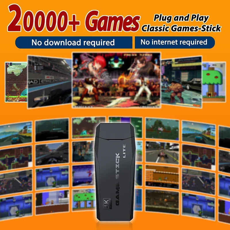 Game console stick with classic games on an orange background