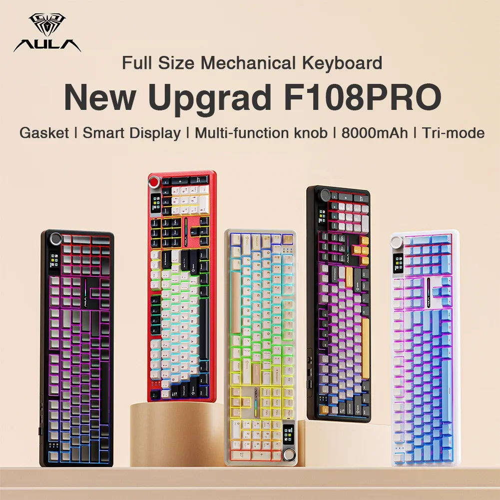 108-Key Wireless Mechanical Gaming Keyboard - Full-Size Gasket Mount, Hot-Swap, Bluetooth / 2.4G / USB-C, TFT Smart Display, RGB, Programmable Macros