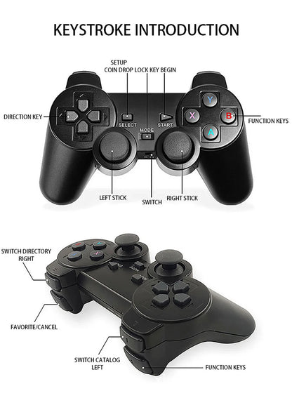 An instructional diagram showing two black game controllers with labeled parts and callouts such as direction key, left stick, right stick, buttons, and function keys under the heading 'KEYSTROKE INTRODUCTION'.