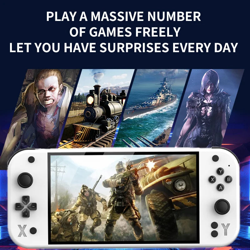 Gaming console with screen displaying a game, surrounded by images of characters and scenes on a dark blue background. G90 Handheld Game Console – 7-inch 64GB Retro Arcade Gaming Device