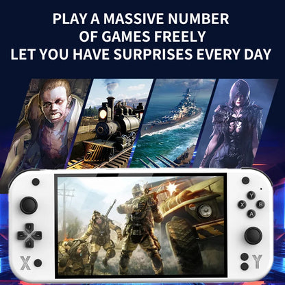 Gaming console with screen displaying a game, surrounded by images of characters and scenes on a dark blue background. G90 Handheld Game Console – 7-inch 64GB Retro Arcade Gaming Device