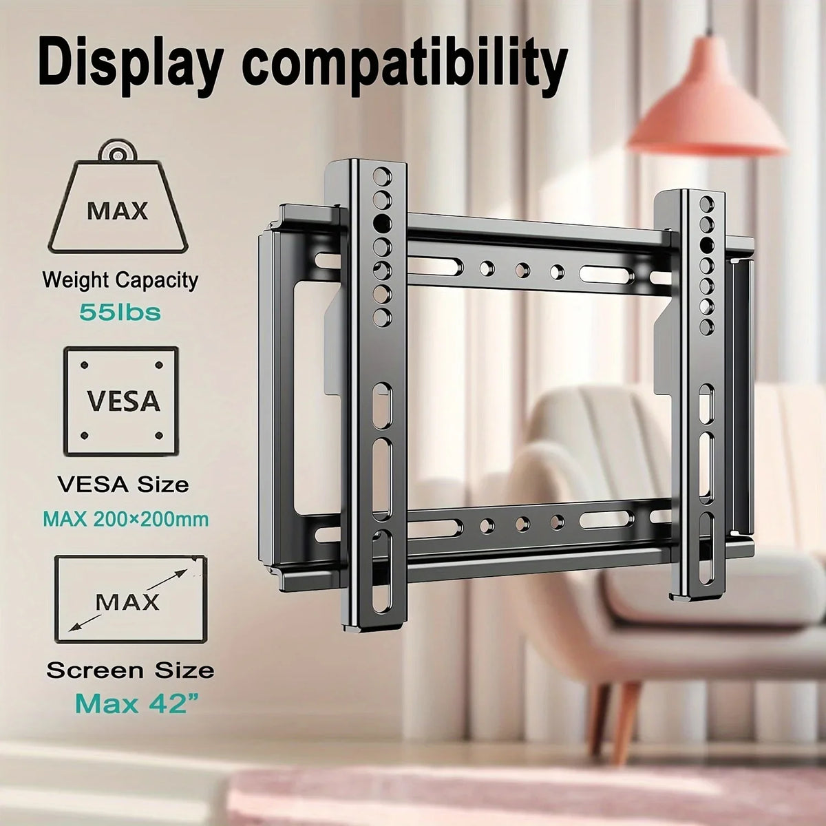 TV wall mount with compatibility specifications in a living room setting