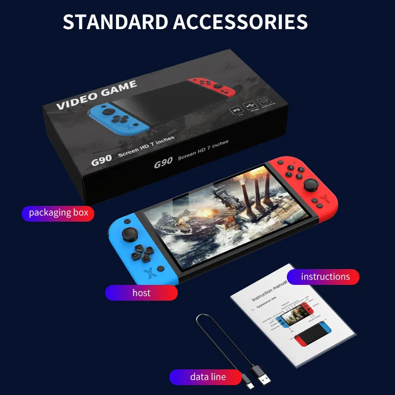 G90 video game console with packaging, host, data line, and instructions on a dark background G90 Handheld Game Console – 7-inch 64GB Retro Arcade Gaming Device