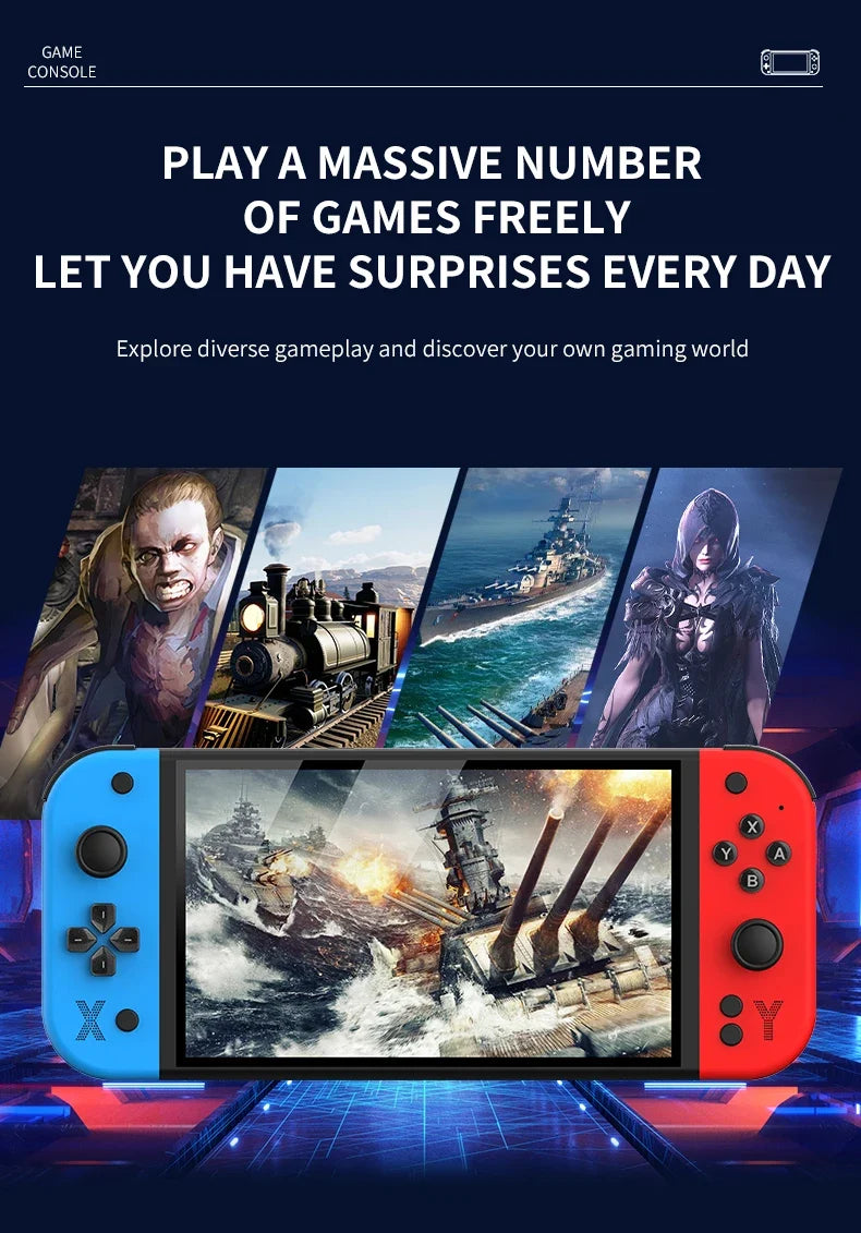 Gaming console with colorful controllers and game screen displaying action scenes, text about gaming experiences.