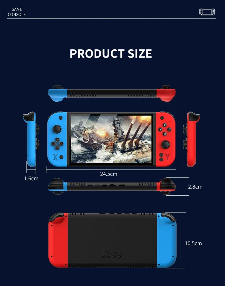 Product size diagram of a handheld gaming console shown in multiple views with dimensions on a dark navy background. The console is blue, black, and red, and the image includes front, back, top, and side measurements labeled in centimeters.