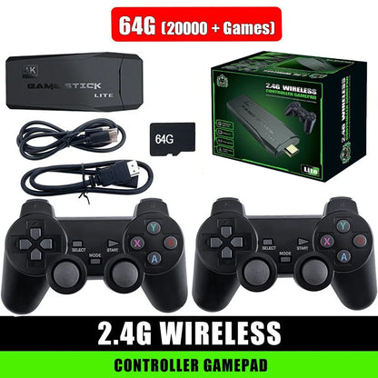 Gaming console with controllers, memory card, and cable on a white background
