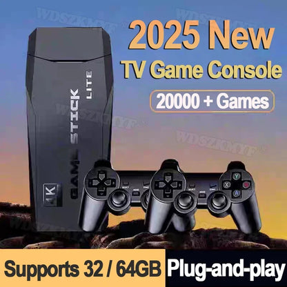 TV game console with controllers on a desert background, featuring text about games and specifications.