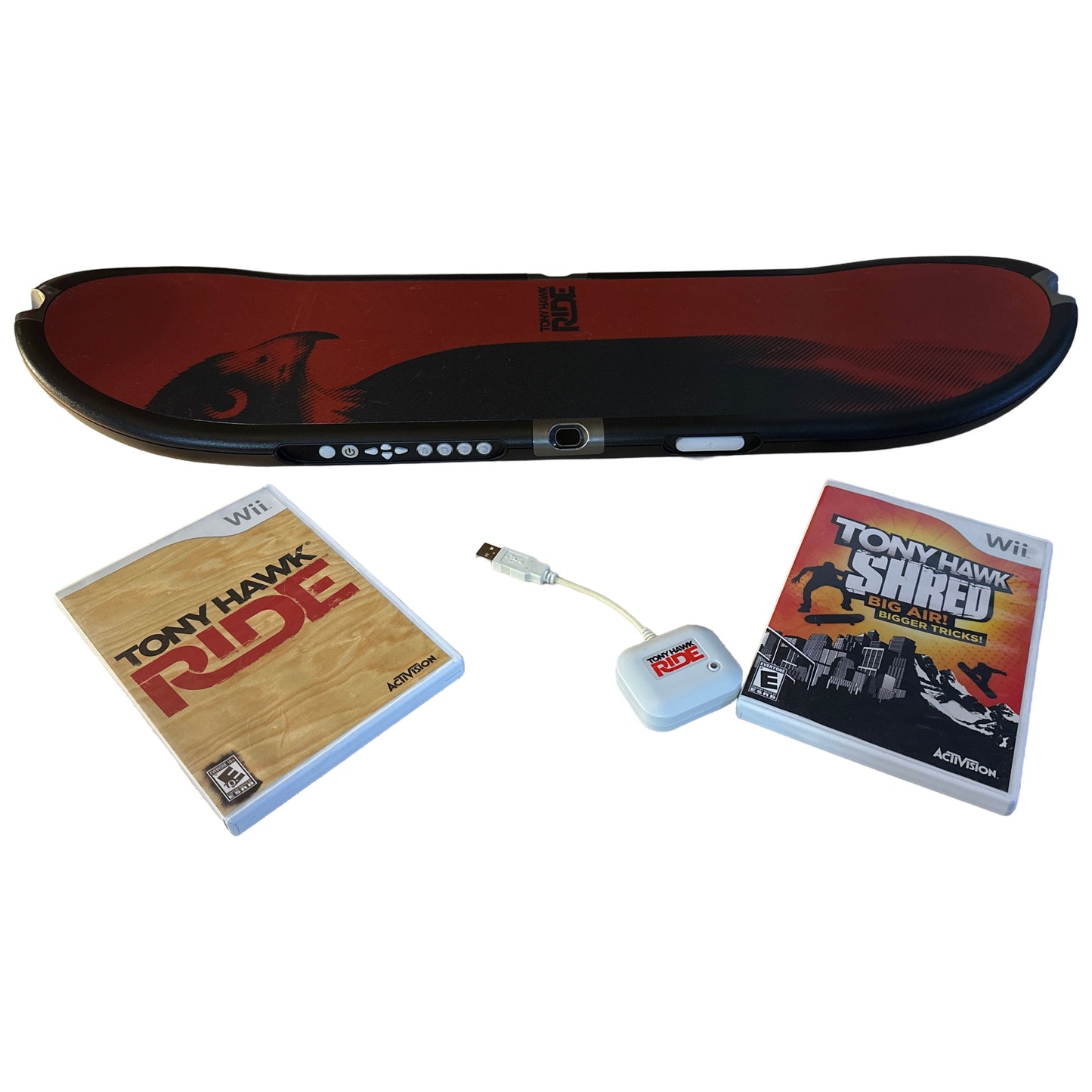 Red and black skateboard with 'Tony Hawk' games and USB device on a white background