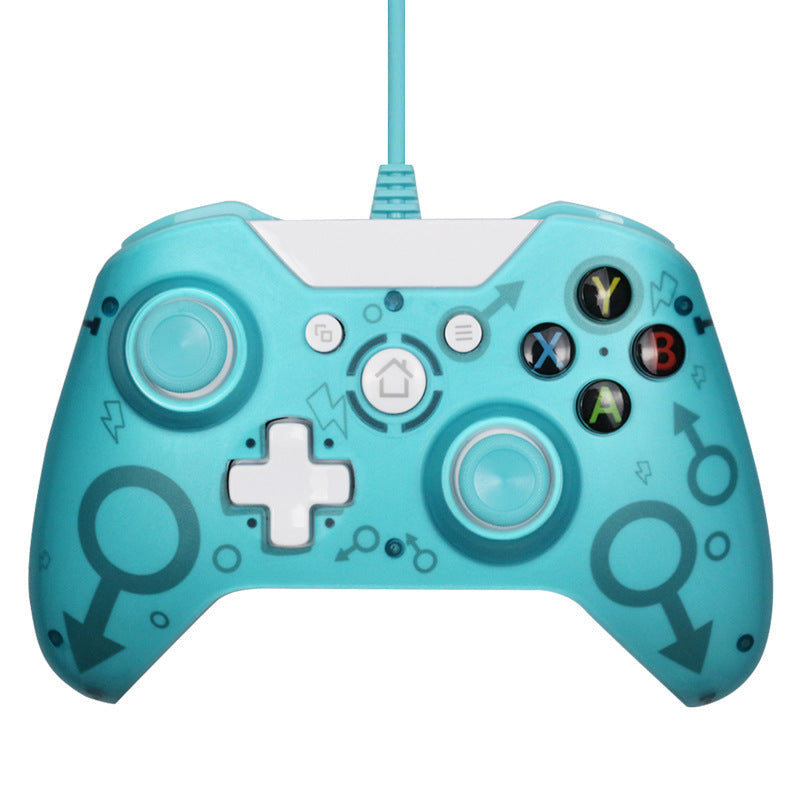 Turquoise gaming controller with white accents on a white background