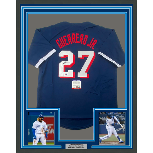 Framed blue baseball jersey with 'Guerrero Jr.' and number '27' on a gray background. Framed Autographed/Signed Vladimir Vlad Guerrero Jr. 35x39 2021 All-Star Game Blue Baseball Jersey PSA/DNA COA