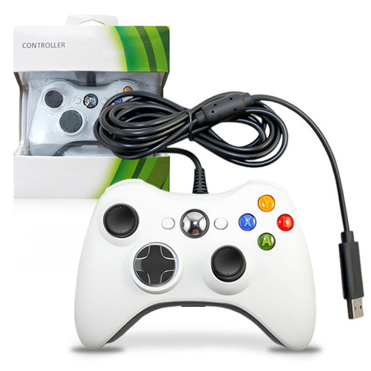 White gaming controller with USB cable in front of its packaging on a white background. Wireless Wired Game Handle Double Vibration