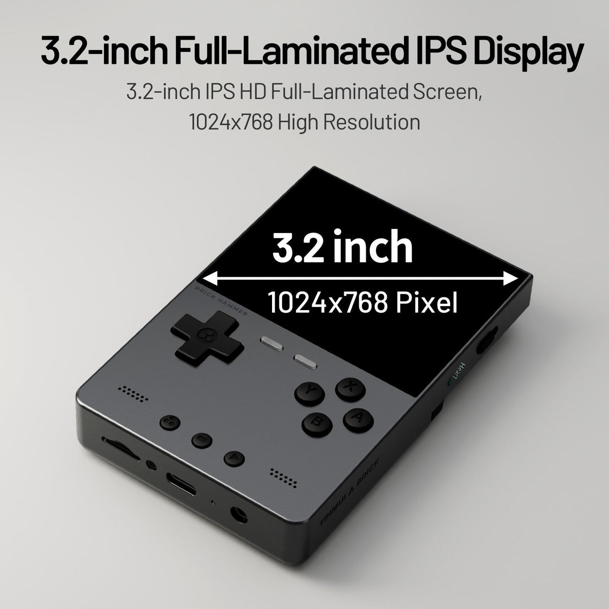 Handheld gaming console with 3.2-inch Full-Laminated IPS Display on a light gray background