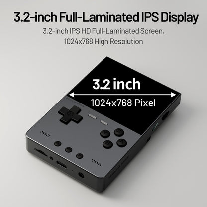 Handheld gaming console with 3.2-inch Full-Laminated IPS Display on a light gray background