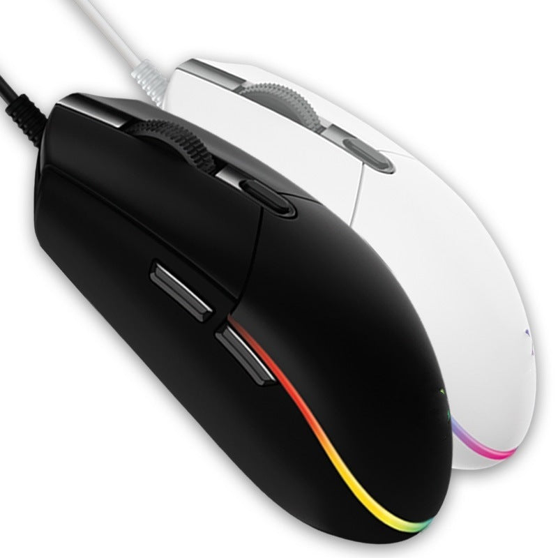 Black gaming mouse with rainbow LED lighting on a white background
