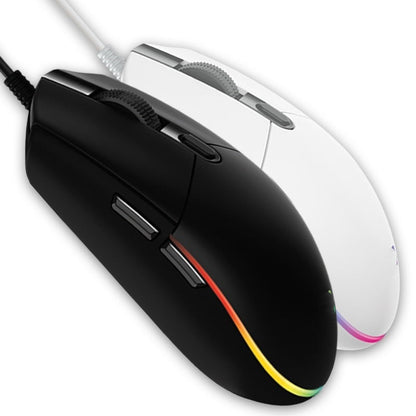 Black gaming mouse with rainbow LED lighting on a white background