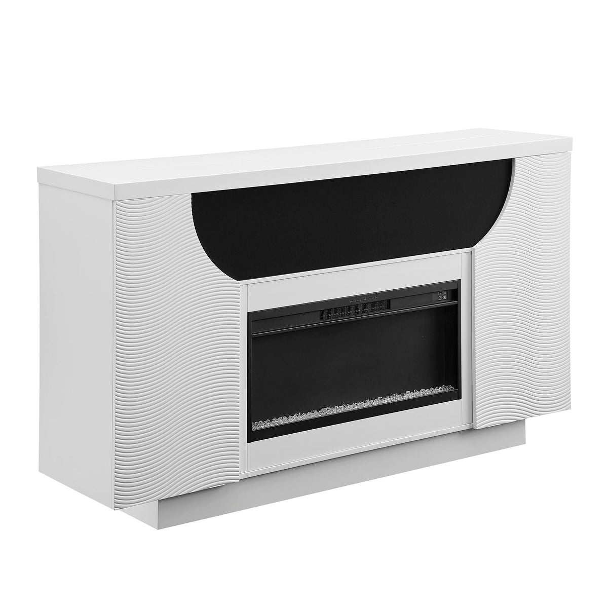 White entertainment console with electric fireplace on a white background
