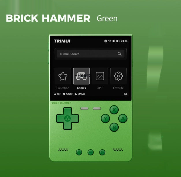 Green handheld device with game console interface on a green background, branded 'Brick Hammer'.