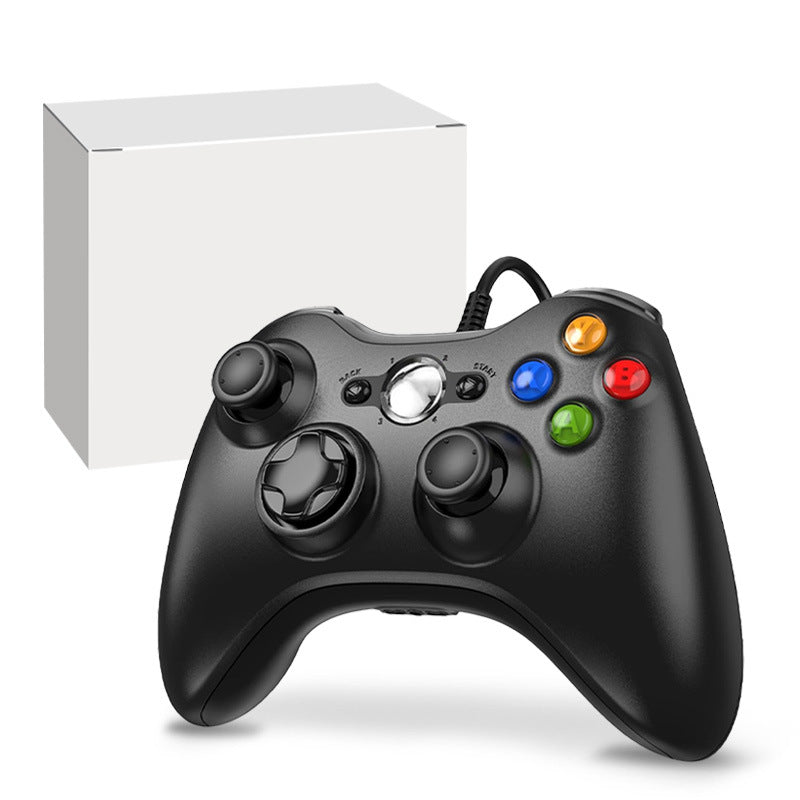 Black gaming controller with colorful buttons next to a white box on a white background. Wireless Wired Game Handle Double Vibration