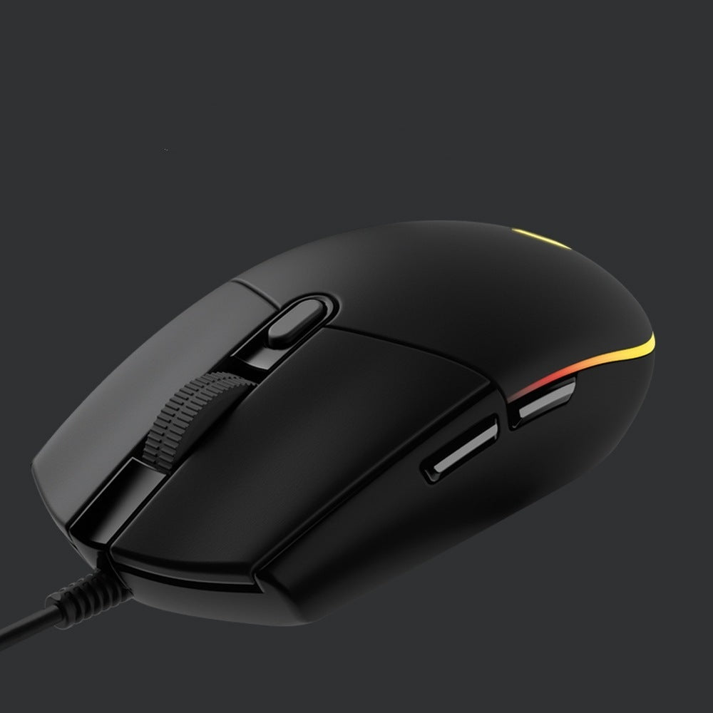 A black wired gaming mouse with a textured scroll wheel and subtle yellow and orange LED accent lighting, shown on a dark gray background.