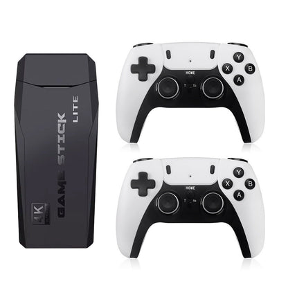 Black Game Stick LITE console with two white gaming controllers on a white background