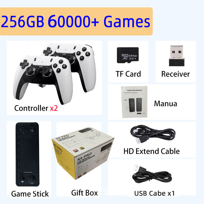 Gaming console components including controllers, game stick, gift box, and accessories on a white background.