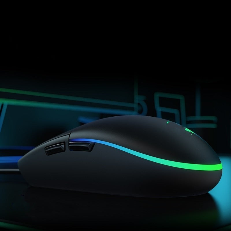 Gaming mouse with green and blue lighting on a dark background