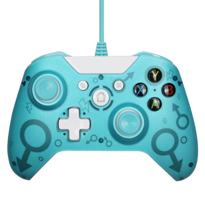Turquoise gaming controller with white accents on a white background