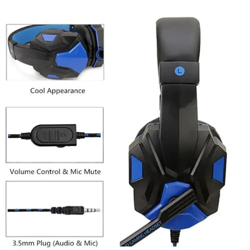 Gaming headset with blue and black design, volume control, and microphone on a white background.