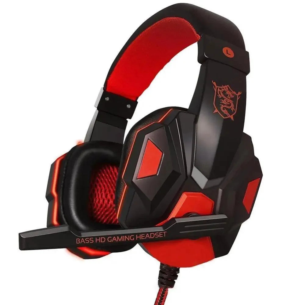 Black and red gaming headset with an adjustable boom microphone, featuring a dragon logo on the headband and 'BASS HD GAMING HEADSET' text on the microphone arm, shown on a white background.