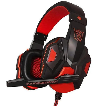 Black and red gaming headset with an adjustable boom microphone, featuring a dragon logo on the headband and 'BASS HD GAMING HEADSET' text on the microphone arm, shown on a white background.