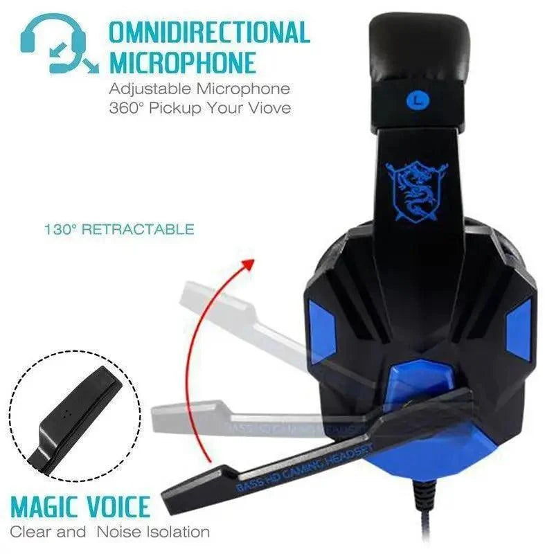 Black and blue gaming headset with adjustable microphone on a white background