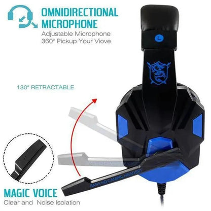 Black and blue gaming headset with adjustable microphone on a white background