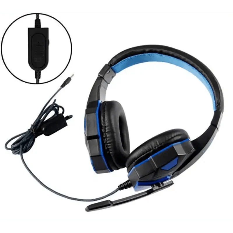 Black and blue gaming headset with microphone on a white background