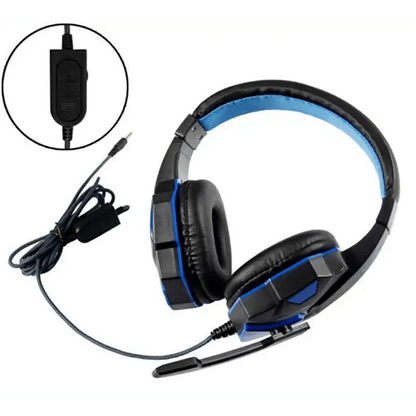 Black and blue gaming headset with microphone on a white background