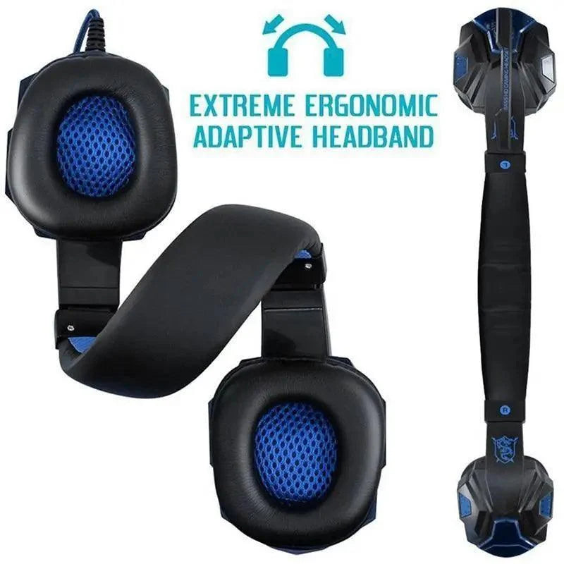 Black and blue gaming headset with ergonomic design on a white background