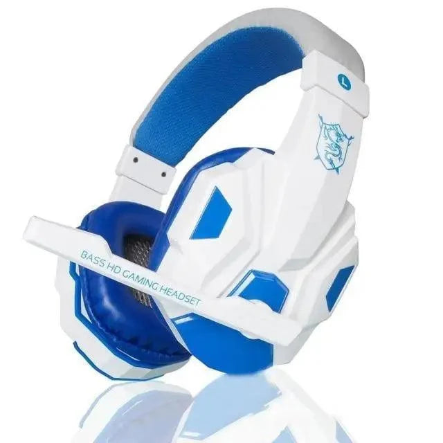 White and blue gaming headset with brand logo on a white background