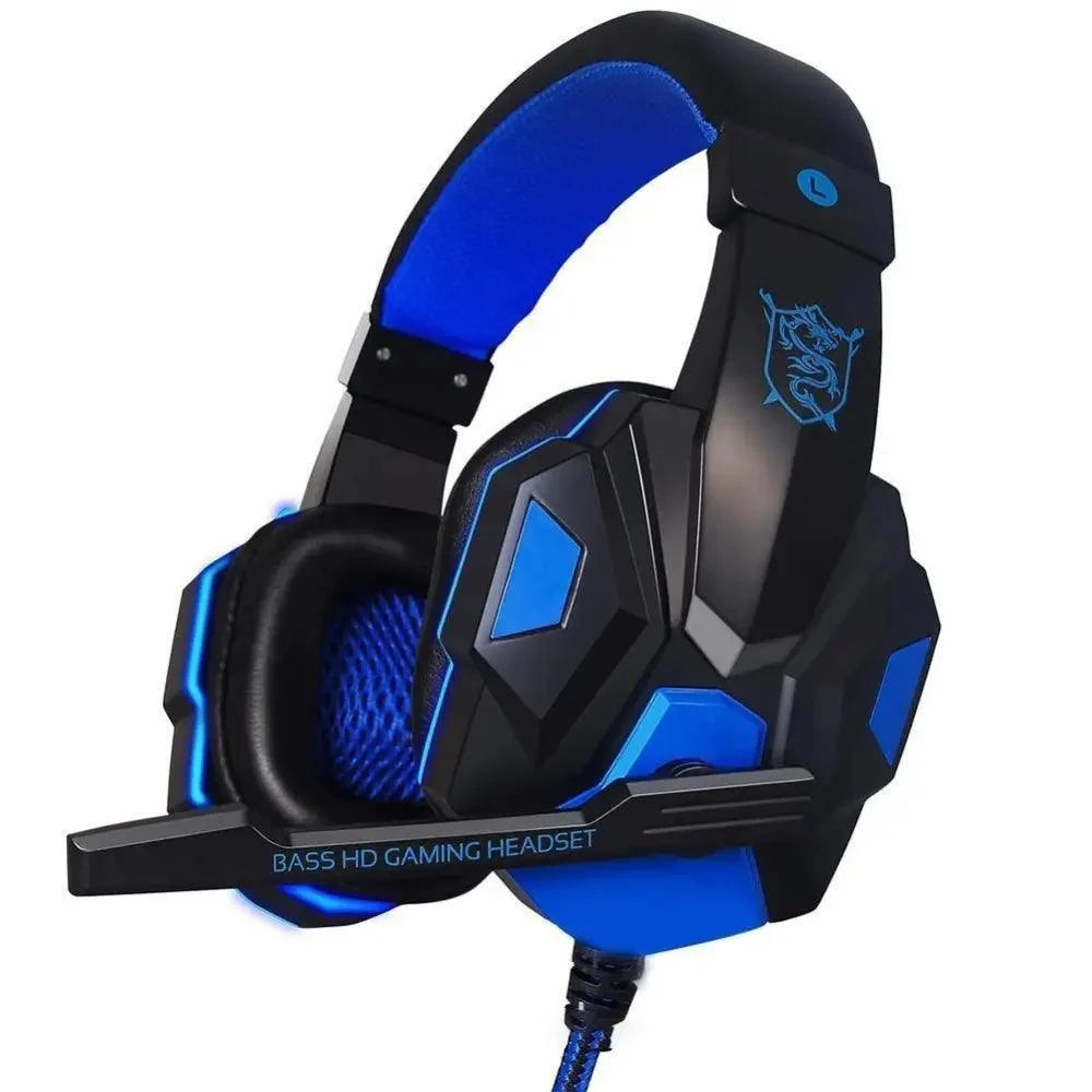 Black and blue gaming headset with 'Bass HD Gaming Headset' text on a white background