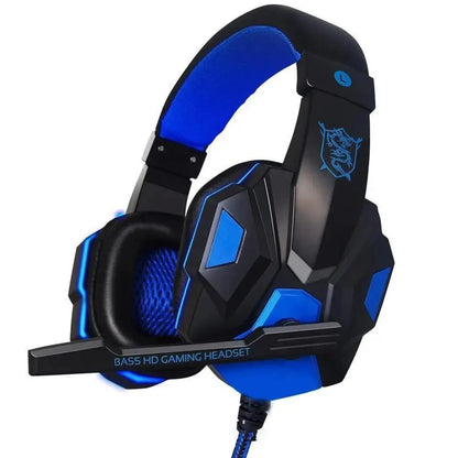 Black and blue gaming headset with 'Bass HD Gaming Headset' text on a white background