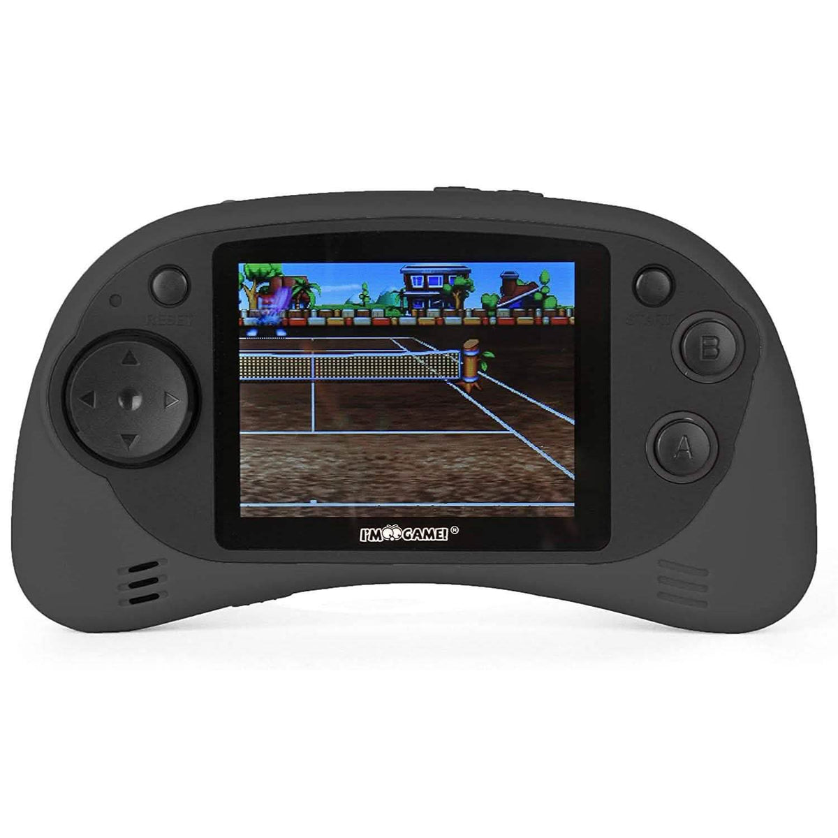 Handheld gaming console with a tennis game displayed on the screen. I'm Game 120 Games Handheld Player with 2.7-Inch Color Display