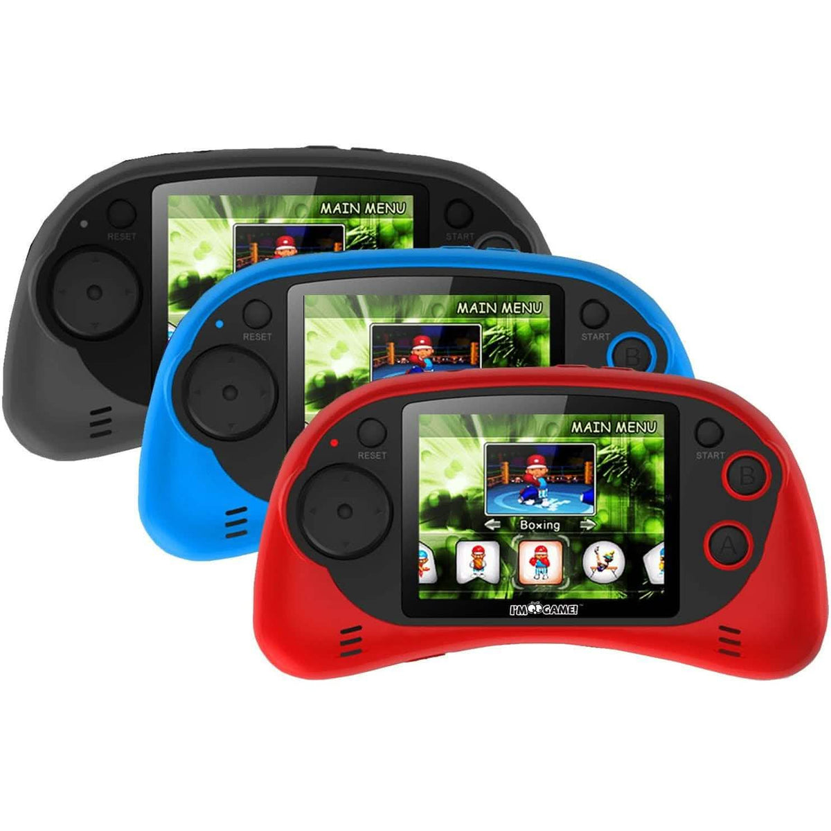 Three handheld gaming consoles in black, blue, and red on a white background. I'm Game 120 Games Handheld Player with 2.7-Inch Color Display