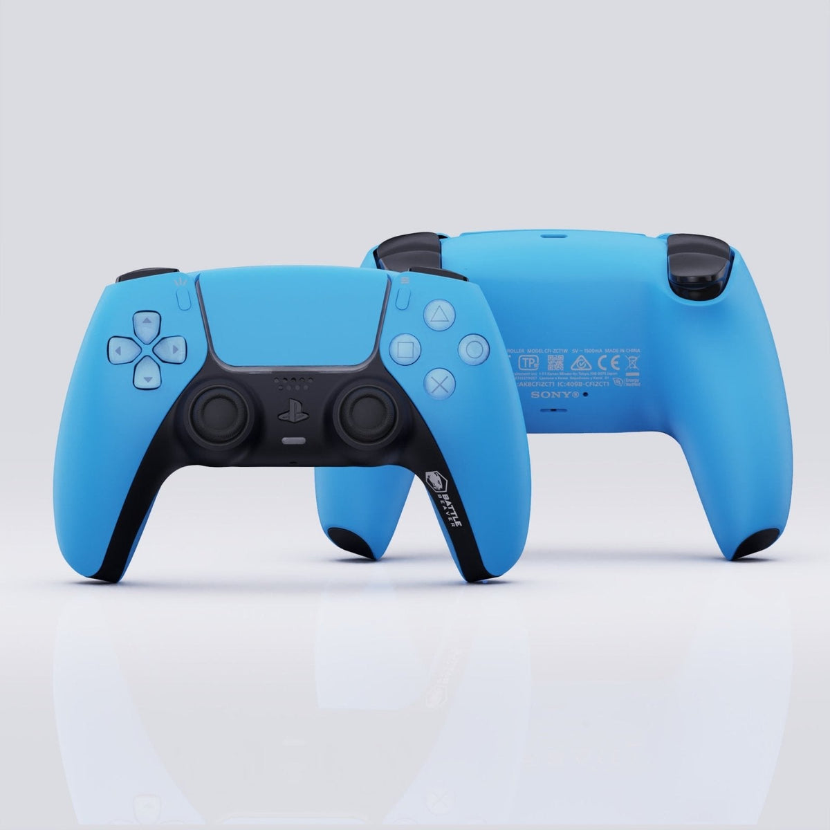Blue gaming controller with black accents on a light gray background