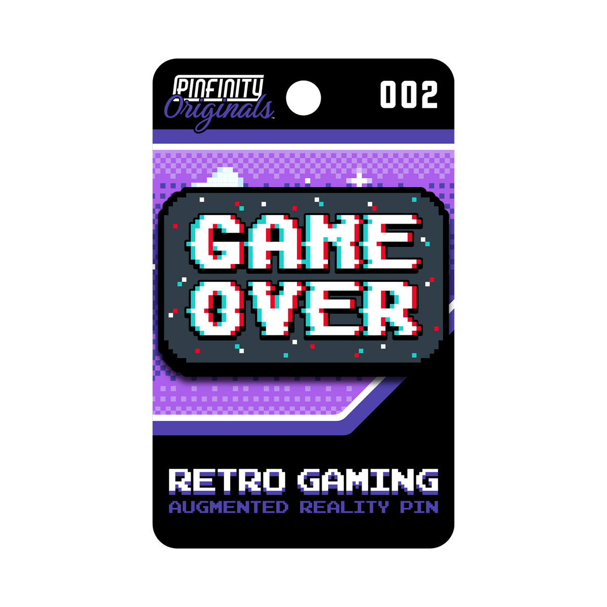 A packaged retro gaming 'GAME OVER' augmented reality pin by Pinfinity Originals. The product is shown in its retail blister card packaging, which features a purple and black design with pixelated graphics and the text 'RETRO GAMING AUGMENTED REALITY PIN'.