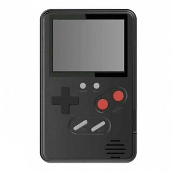 Black handheld gaming console with a screen and control buttons on a white background. Slim Retro Gaming Device with 500 Games Built-In